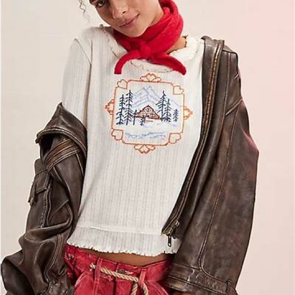 FP Movement by Free People Cream Long Sleeve Top with Embroidered Cabin Design - Picture 3 of 5